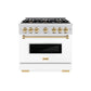 ZLINE Autograph Edition 36 in. 5.2 cu. ft. Classic Dual Fuel Range with 6 Burner Gas Cooktop and Electric Convection Oven in Stainless Steel with White Matte Door and Polished Gold Accents, Open Box-Great Condition