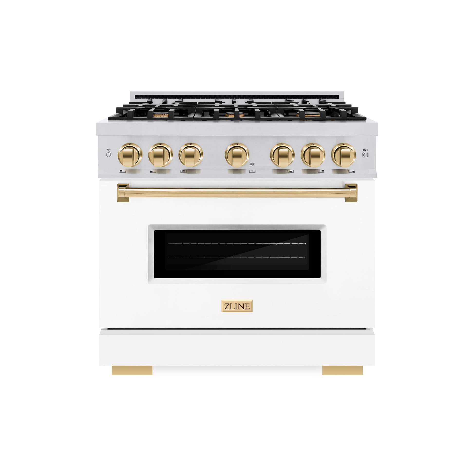 ZLINE Autograph Edition 36 in. 5.2 cu. ft. Classic Dual Fuel Range with 6 Burner Gas Cooktop and Electric Convection Oven in Stainless Steel with White Matte Door and Polished Gold Accents, Open Box-Great Condition