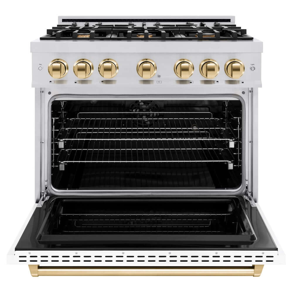 ZLINE Autograph Edition 36 in. 5.2 cu. ft. Classic Dual Fuel Range with 6 Burner Gas Cooktop and Electric Convection Oven in Stainless Steel with White Matte Door and Polished Gold Accents, Open Box-Good Condition