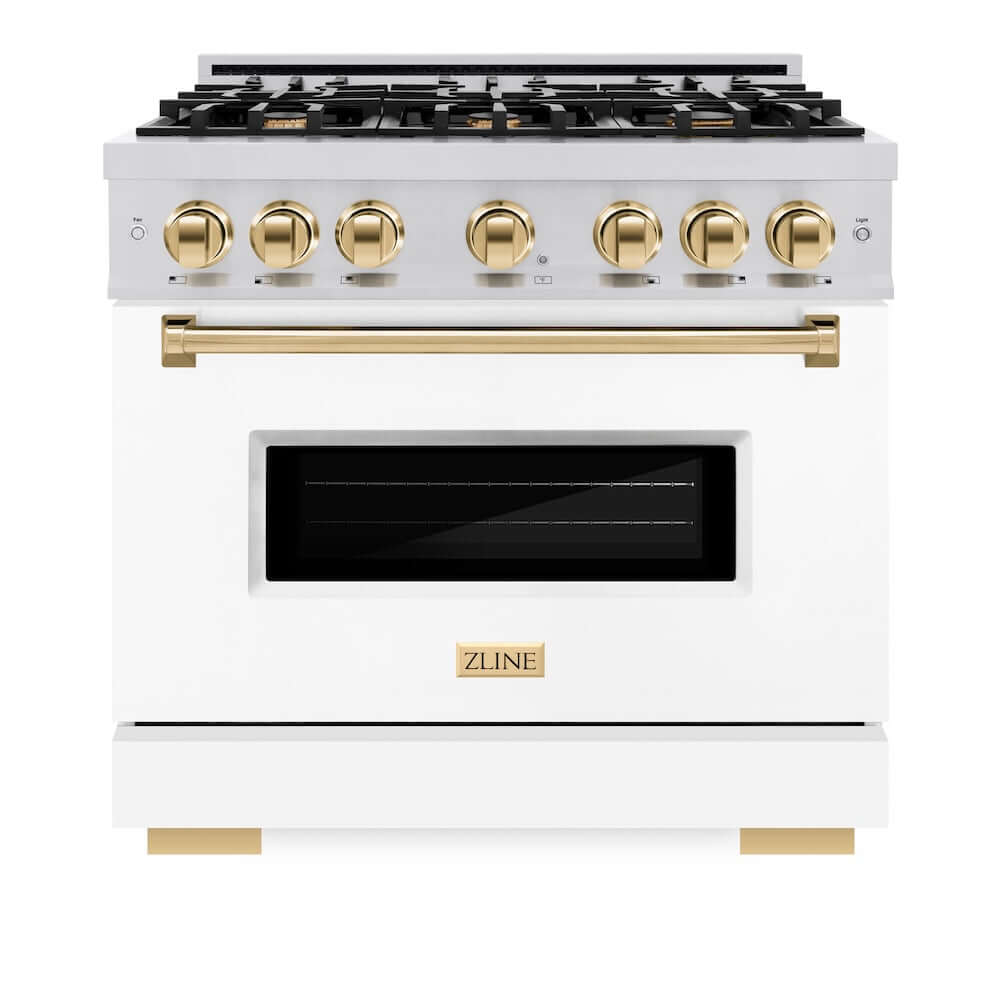 ZLINE Autograph Edition 36 in. 5.2 cu. ft. Classic Dual Fuel Range with 6 Burner Gas Cooktop and Electric Convection Oven in Stainless Steel with White Matte Door and Polished Gold Accents, Open Box-Good Condition