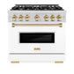 ZLINE Autograph Edition 36 in. 5.2 cu. ft. Classic Dual Fuel Range with 6 Burner Gas Cooktop and Electric Convection Oven in Stainless Steel with White Matte Door and Polished Gold Accents, Open Box-Great Condition