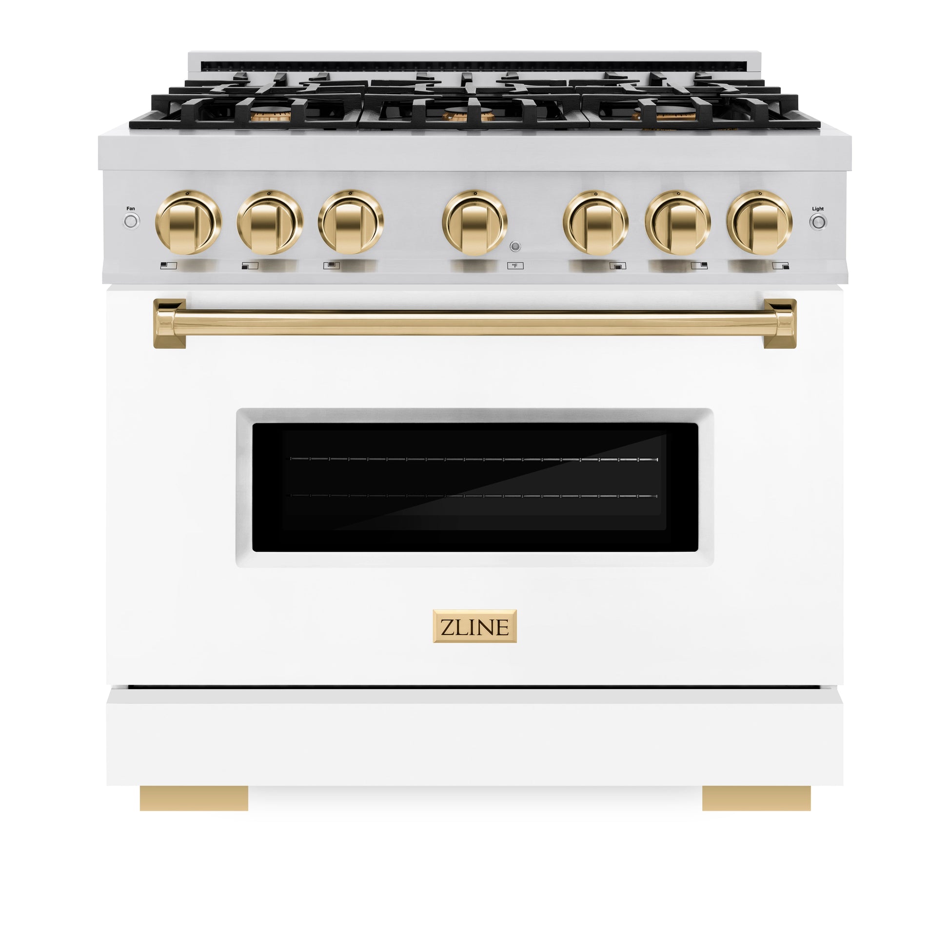 ZLINE Autograph Edition 36 in. 5.2 cu. ft. Classic Dual Fuel Range with 6 Burner Gas Cooktop and Electric Convection Oven in Stainless Steel with White Matte Door and Polished Gold Accents, Open Box-Great Condition