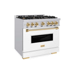 ZLINE Autograph Edition 36 in. 5.2 cu. ft. Classic Dual Fuel Range with 6 Burner Gas Cooktop and Electric Convection Oven in Stainless Steel with White Matte Door and Polished Gold Accents, Open Box-Good Condition