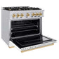 ZLINE Autograph Edition 36 in. 5.2 cu. ft. Classic Dual Fuel Range with 6 Burner Gas Cooktop and Electric Convection Oven in Stainless Steel with White Matte Door and Polished Gold Accents, Open Box-Good Condition
