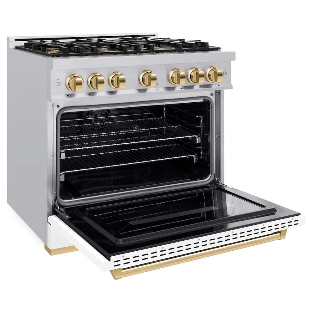 ZLINE Autograph Edition 36 in. 5.2 cu. ft. Classic Dual Fuel Range with 6 Burner Gas Cooktop and Electric Convection Oven in Stainless Steel with White Matte Door and Polished Gold Accents, Open Box-Good Condition