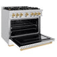 ZLINE Autograph Edition 36 in. 5.2 cu. ft. Classic Dual Fuel Range with 6 Burner Gas Cooktop and Electric Convection Oven in Stainless Steel with White Matte Door and Polished Gold Accents, Open Box-Great Condition