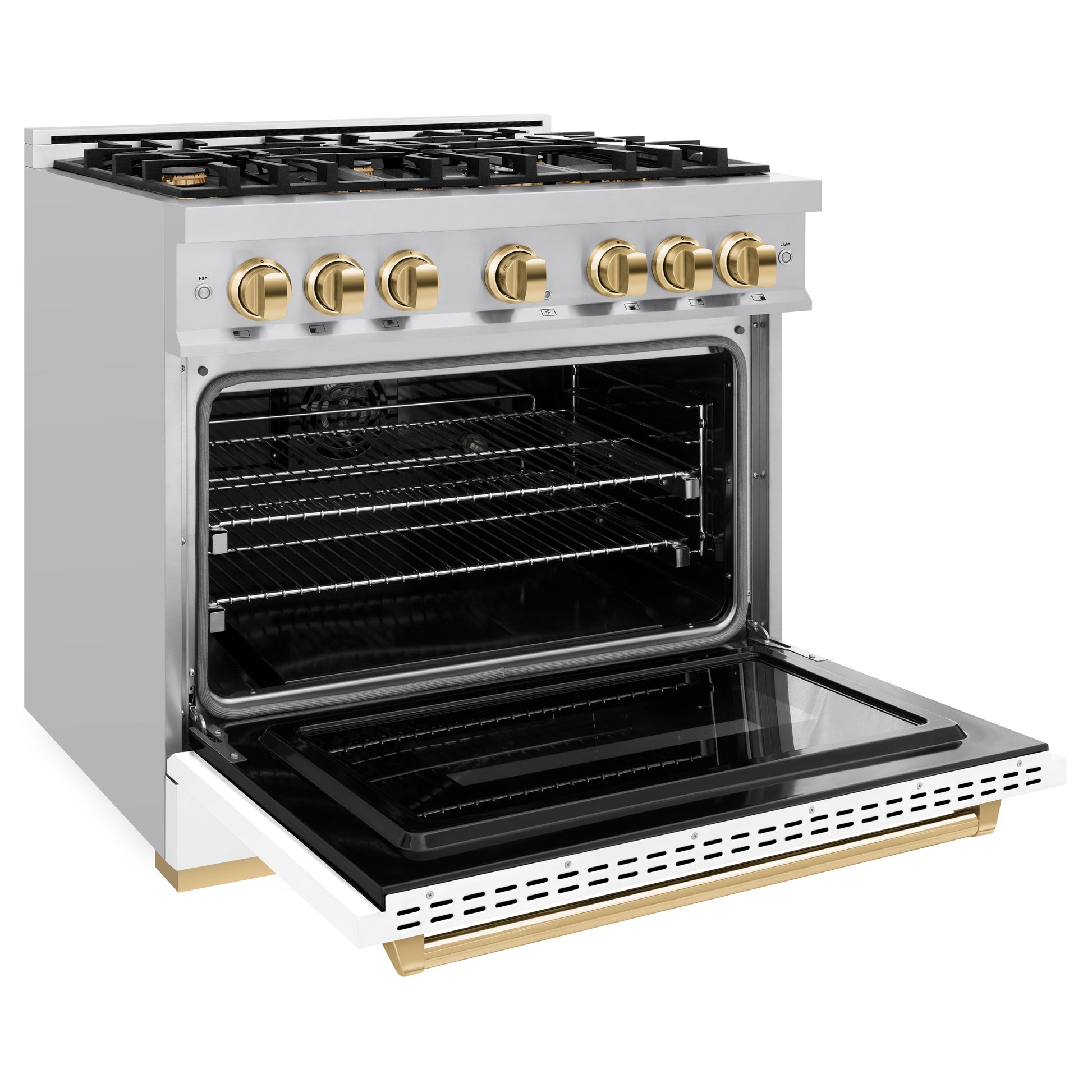 ZLINE Autograph Edition 36 in. 5.2 cu. ft. Classic Dual Fuel Range with 6 Burner Gas Cooktop and Electric Convection Oven in Stainless Steel with White Matte Door and Polished Gold Accents, Open Box-Great Condition
