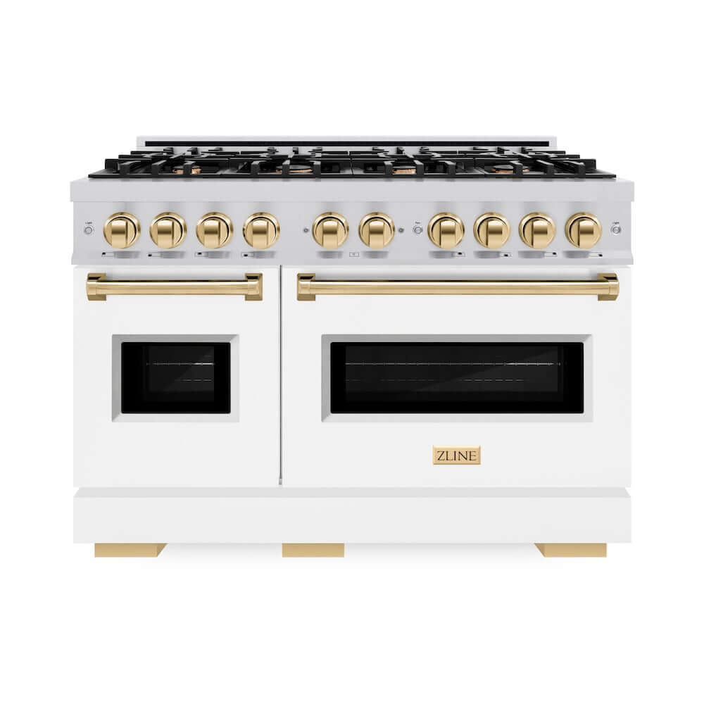 ZLINE Autograph Edition 48 in. 6.7 cu. ft. Classic Double Oven Dual Fuel Range with 8 Burner Gas Cooktop in Stainless Steel with White Matte Door and Polished Gold Accents, Open Box-Good Condition
