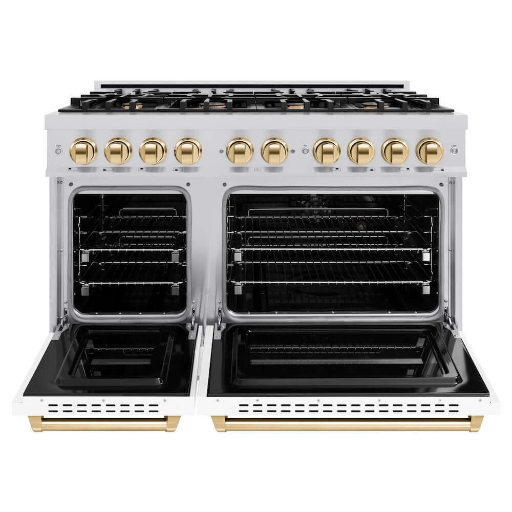 ZLINE Autograph Edition 48 in. 6.7 cu. ft. Classic Double Oven Dual Fuel Range with 8 Burner Gas Cooktop in Stainless Steel with White Matte Door and Polished Gold Accents, Open Box-Good Condition