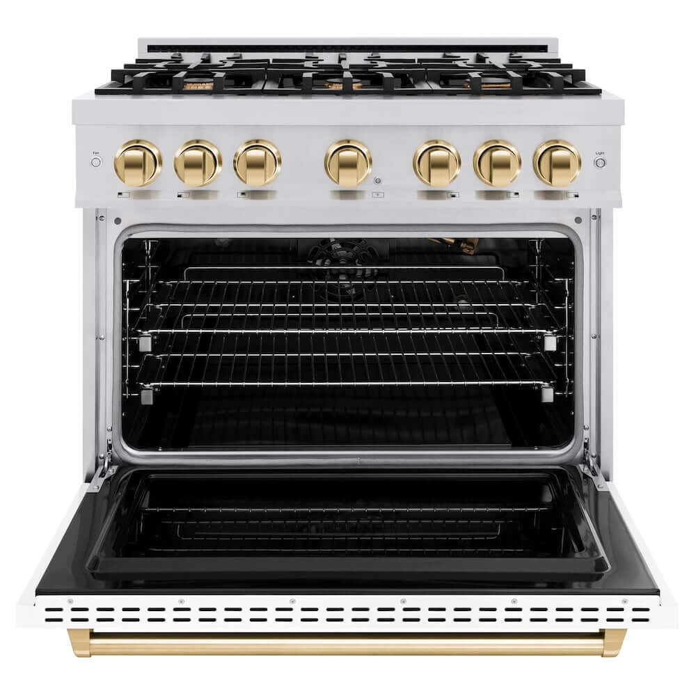ZLINE Autograph Edition 36 in. 5.2 cu. ft. Classic Gas Range with 6 Burner Cooktop and Convection Gas Oven in Stainless Steel with White Matte Door and Polished Gold Accents (CGRZ-WM-36-G) front, oven open.