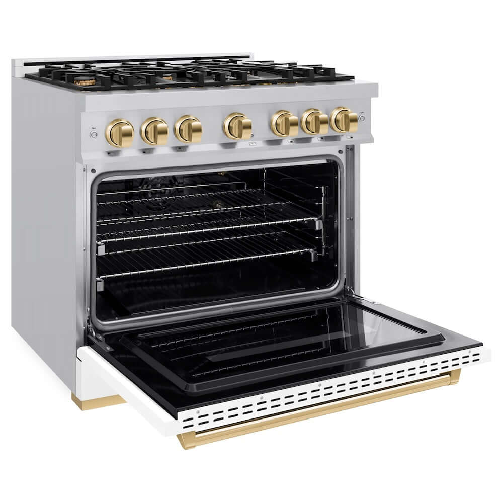 ZLINE Autograph Edition 36 in. 5.2 cu. ft. Classic Gas Range with 6 Burner Cooktop and Convection Gas Oven in Stainless Steel with White Matte Door and Polished Gold Accents (CGRZ-WM-36-G) side, open.