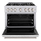 ZLINE 36 in. 5.2 cu. ft. Classic Dual Fuel Range with 6 Burner Gas Cooktop and Electric Convection Oven in Stainless Steel with White Matte Door (CDR-WM-36) front, oven open.