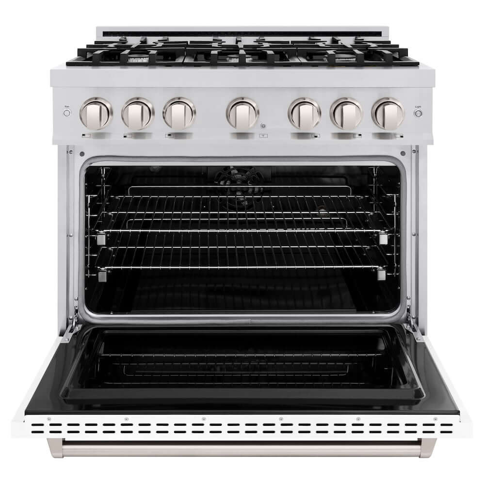 ZLINE 36 in. 5.2 cu. ft. Classic Dual Fuel Range with 6 Burner Gas Cooktop and Electric Convection Oven in Stainless Steel with White Matte Door (CDR-WM-36) front, oven open.