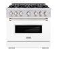 ZLINE 36 in. 5.2 cu. ft. Classic Dual Fuel Range with 6 Burner Gas Cooktop and Electric Convection Oven in Stainless Steel with White Matte Door (CDR-WM-36) front, oven closed.