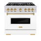 ZLINE Autograph Edition 36 in. 5.2 cu. ft. Classic Gas Range with 6 Burner Cooktop and Convection Gas Oven in Stainless Steel with White Matte Door and Polished Gold Accents (CGRZ-WM-36-G) front, oven closed.