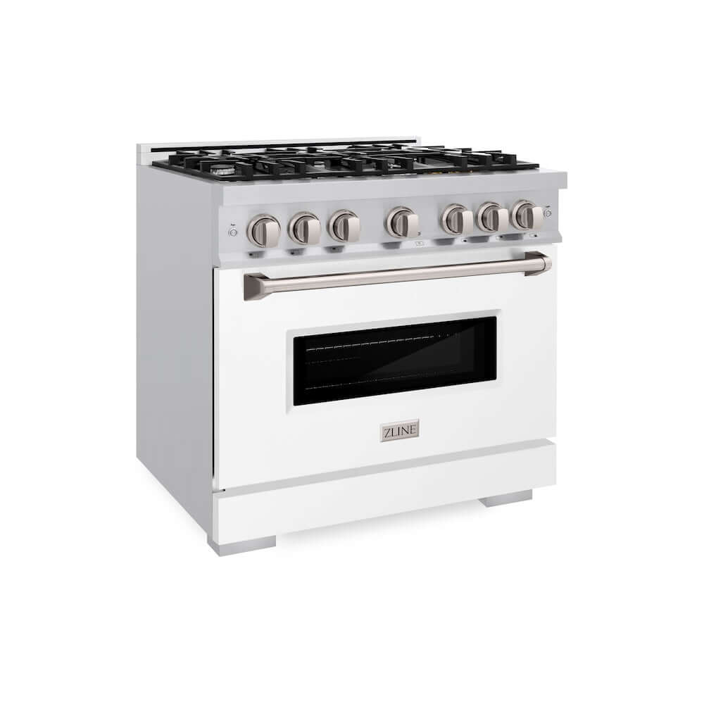 ZLINE 36 in. 5.2 cu. ft. Classic Dual Fuel Range with 6 Burner Gas Cooktop and Electric Convection Oven in Stainless Steel with White Matte Door (CDR-WM-36) main image.