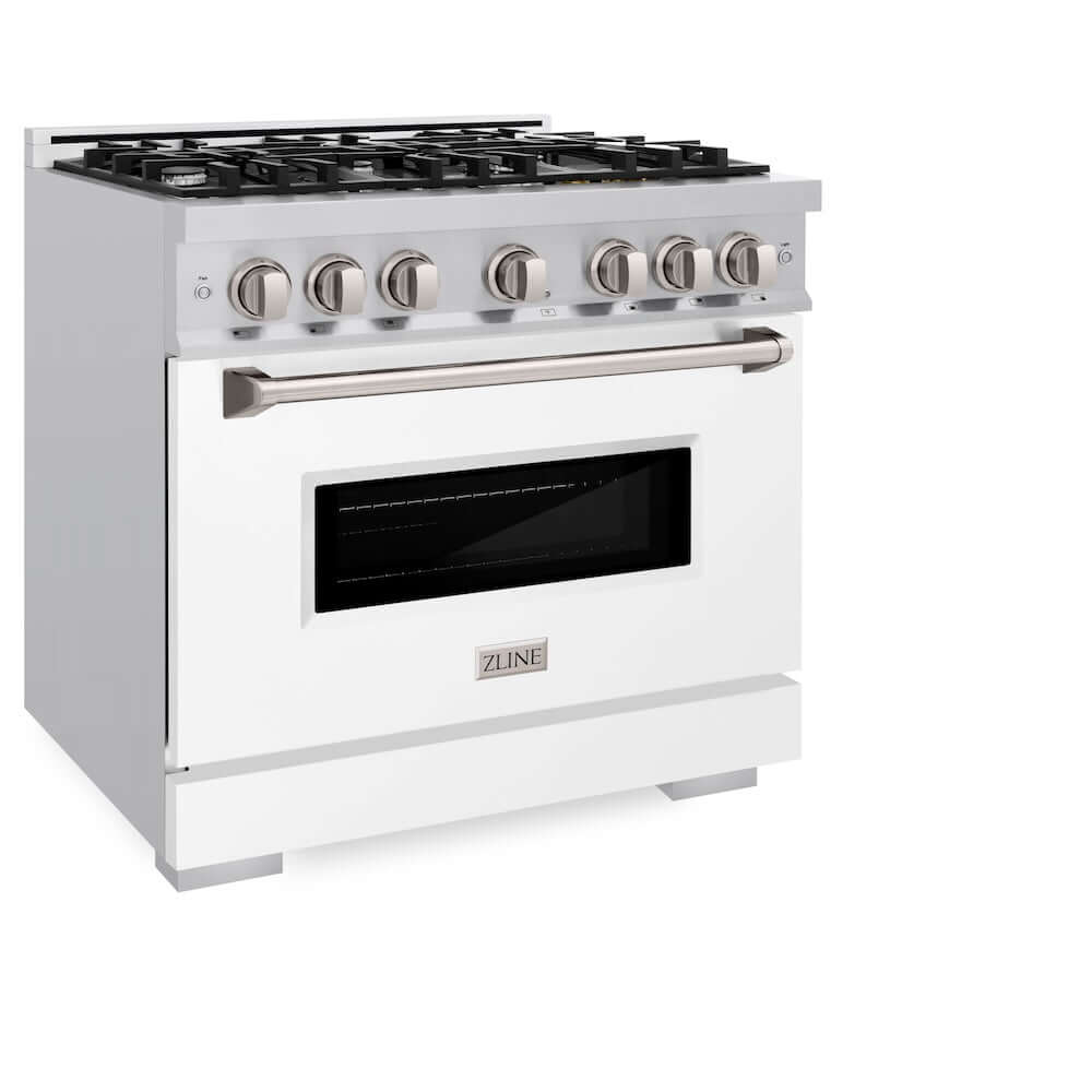 ZLINE 36 in. 5.2 cu. ft. Classic Dual Fuel Range with 6 Burner Gas Cooktop and Electric Convection Oven in Stainless Steel with White Matte Door (CDR-WM-36) side, oven closed.