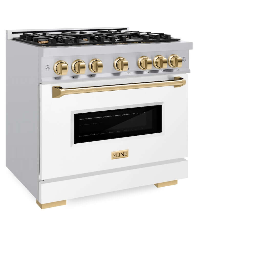 ZLINE Autograph Edition 36 in. 5.2 cu. ft. Classic Gas Range with 6 Burner Cooktop and Convection Gas Oven in Stainless Steel with White Matte Door and Polished Gold Accents (CGRZ-WM-36-G) side, oven closed.