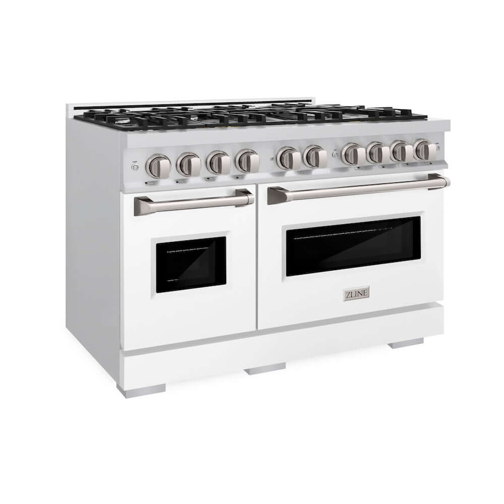 ZLINE 48 in. 6.7 cu. ft. Classic Double Oven Dual Fuel Range with 8 Burner Gas Cooktop in Stainless Steel with White Matte Doors (CDR-WM-48) main image.