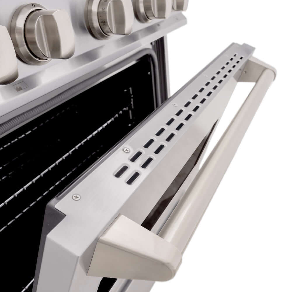 ZLINE 30 in. 4.2 cu. ft. Classic Dual Fuel Range with 4 Burner Gas Cooktop and Electric Convection Oven in Stainless Steel (CDR30) close-up detail, oven door partially open.