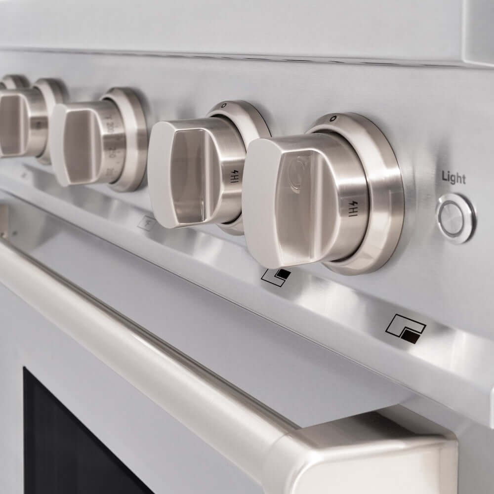 ZLINE 30 in. 4.2 cu. ft. Classic Dual Fuel Range with 4 Burner Gas Cooktop and Electric Convection Oven in Stainless Steel (CDR30) knobs.