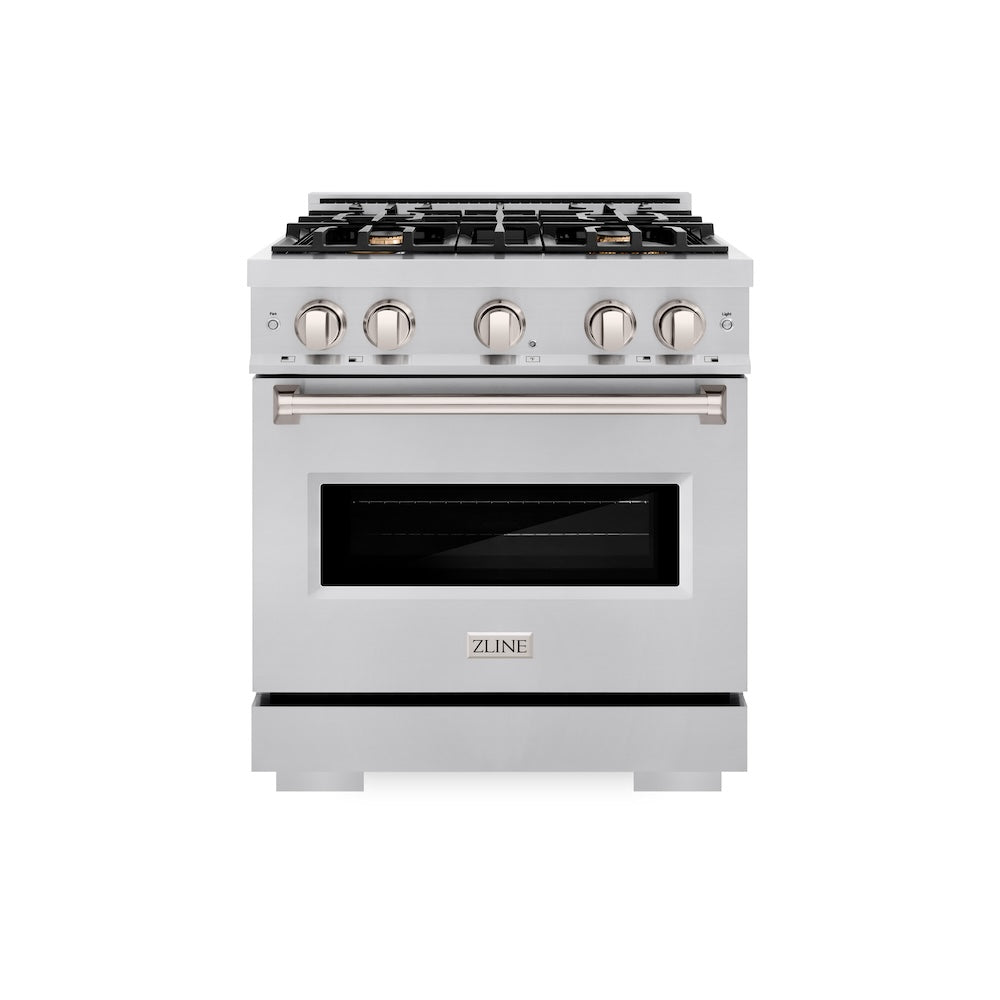 ZLINE 30 in. 4.2 cu. ft. Classic Gas Range with Convection Gas Oven in Stainless Steel with 4 Brass Burners (CGR-BR-30) front, oven closed.