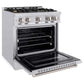 ZLINE 30 in. 4.2 cu. ft. Classic Gas Range with Convection Gas Oven in Stainless Steel with 4 Brass Burners (CGR-BR-30) side, open.