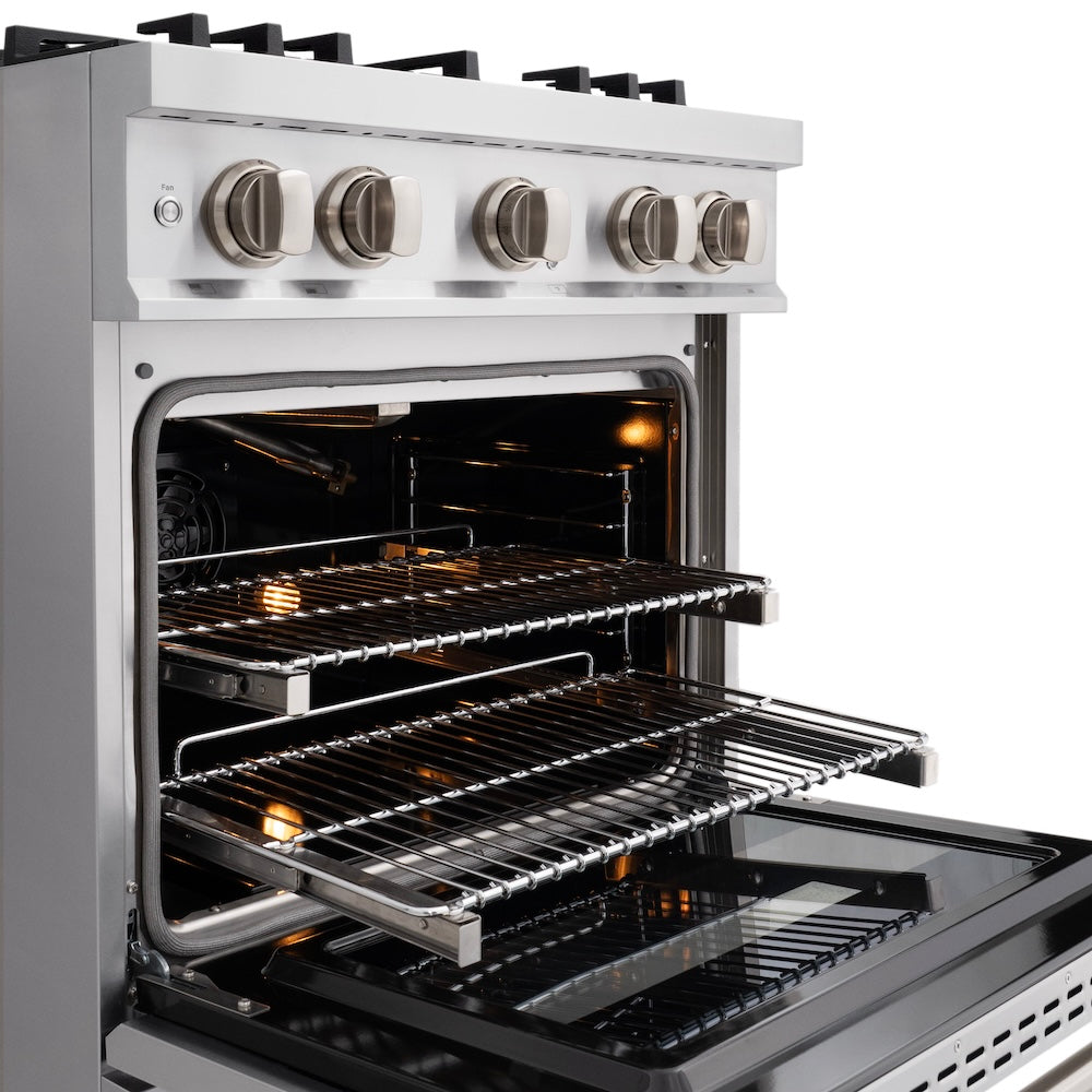 ZLINE 30 in. 4.2 cu. ft. Classic Gas Range with Convection Gas Oven in Stainless Steel with 4 Brass Burners (CGR-BR-30) close-up, oven open with racks extended.