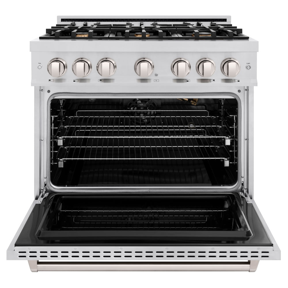 ZLINE 36 in. 5.2 cu. ft. Classic Gas Range with Convection Gas Oven in Stainless Steel with 6 Brass Burners (CGR-BR-36) front, oven open.