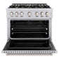 ZLINE 36 in. 5.2 cu. ft. Classic Gas Range with Convection Gas Oven in Stainless Steel with 6 Brass Burners (CGR-BR-36) front, oven open.