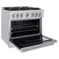 ZLINE 36 in. 5.2 cu. ft. Classic Gas Range with Convection Gas Oven in Stainless Steel with 6 Brass Burners (CGR-BR-36) side, open.