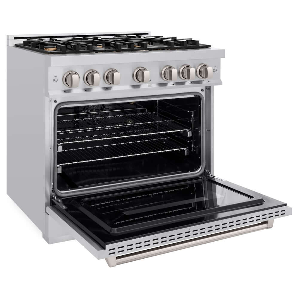 ZLINE 36 in. 5.2 cu. ft. Classic Gas Range with Convection Gas Oven in Stainless Steel with 6 Brass Burners (CGR-BR-36) side, open.
