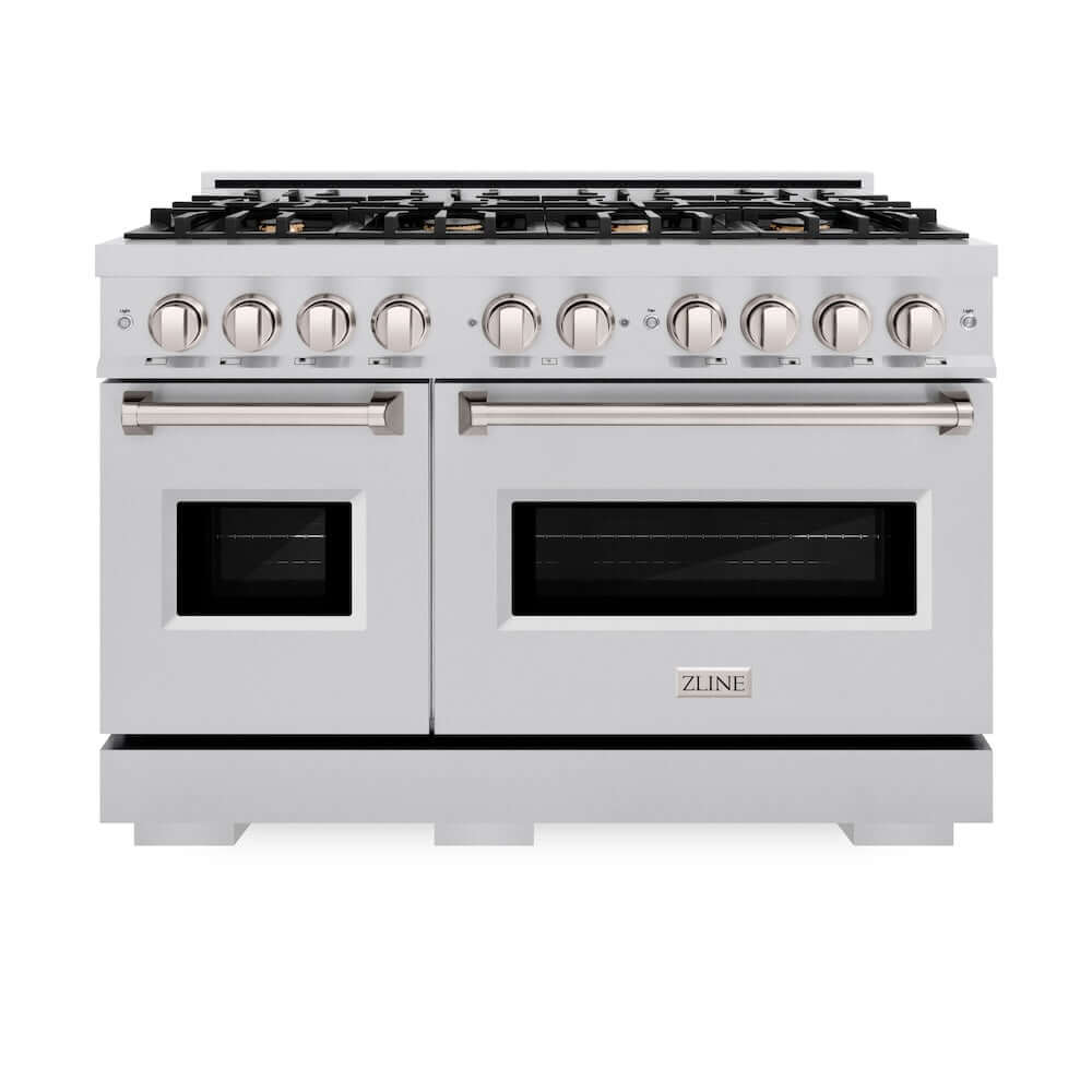 ZLINE 48 in. 6.7 cu. ft. Classic Double Oven Gas Range in Stainless Steel with 8 Brass Burners (CGR-BR-48) front, oven closed.