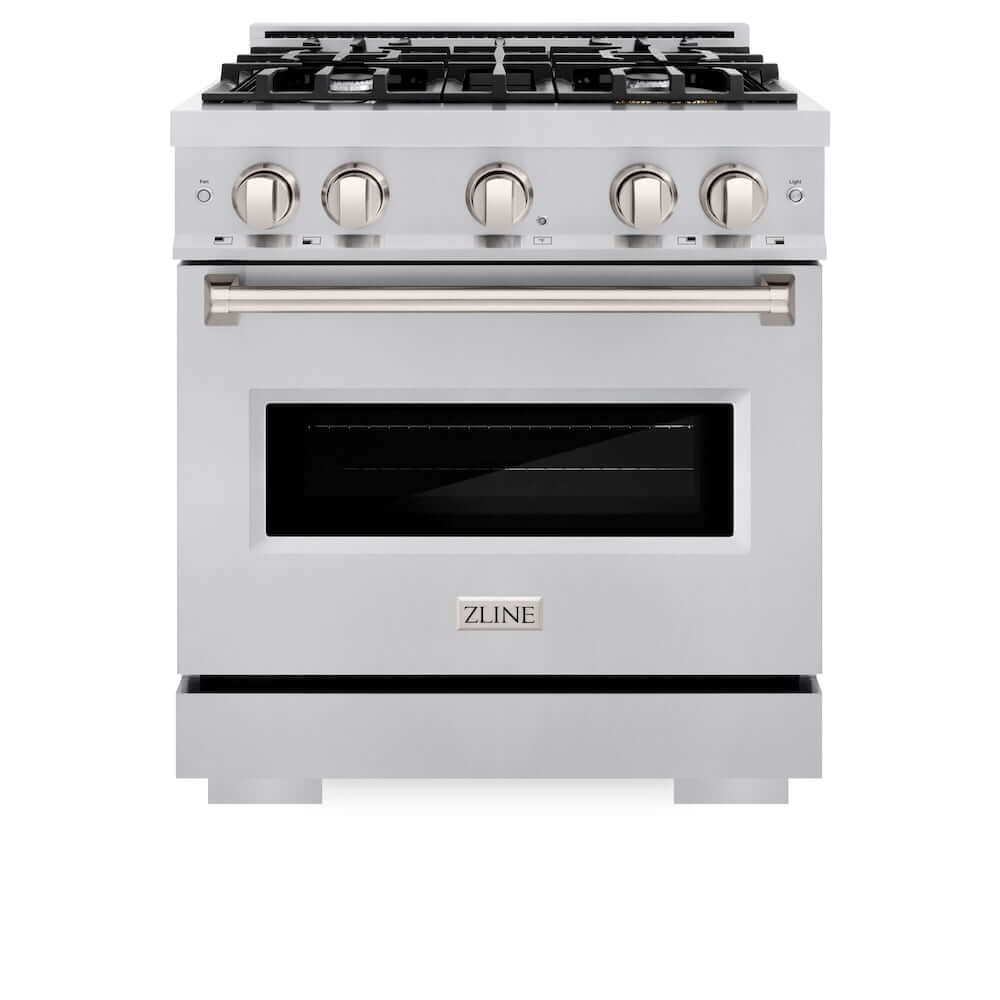 ZLINE 30 in. 4.2 cu. ft. Classic Gas Range with 4 Burner Cooktop and Convection Gas Oven in Stainless Steel (CGR30) front, oven closed.