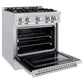 ZLINE 30 in. 4.2 cu. ft. Classic Gas Range with 4 Burner Cooktop and Convection Gas Oven in Stainless Steel (CGR30) side, open.