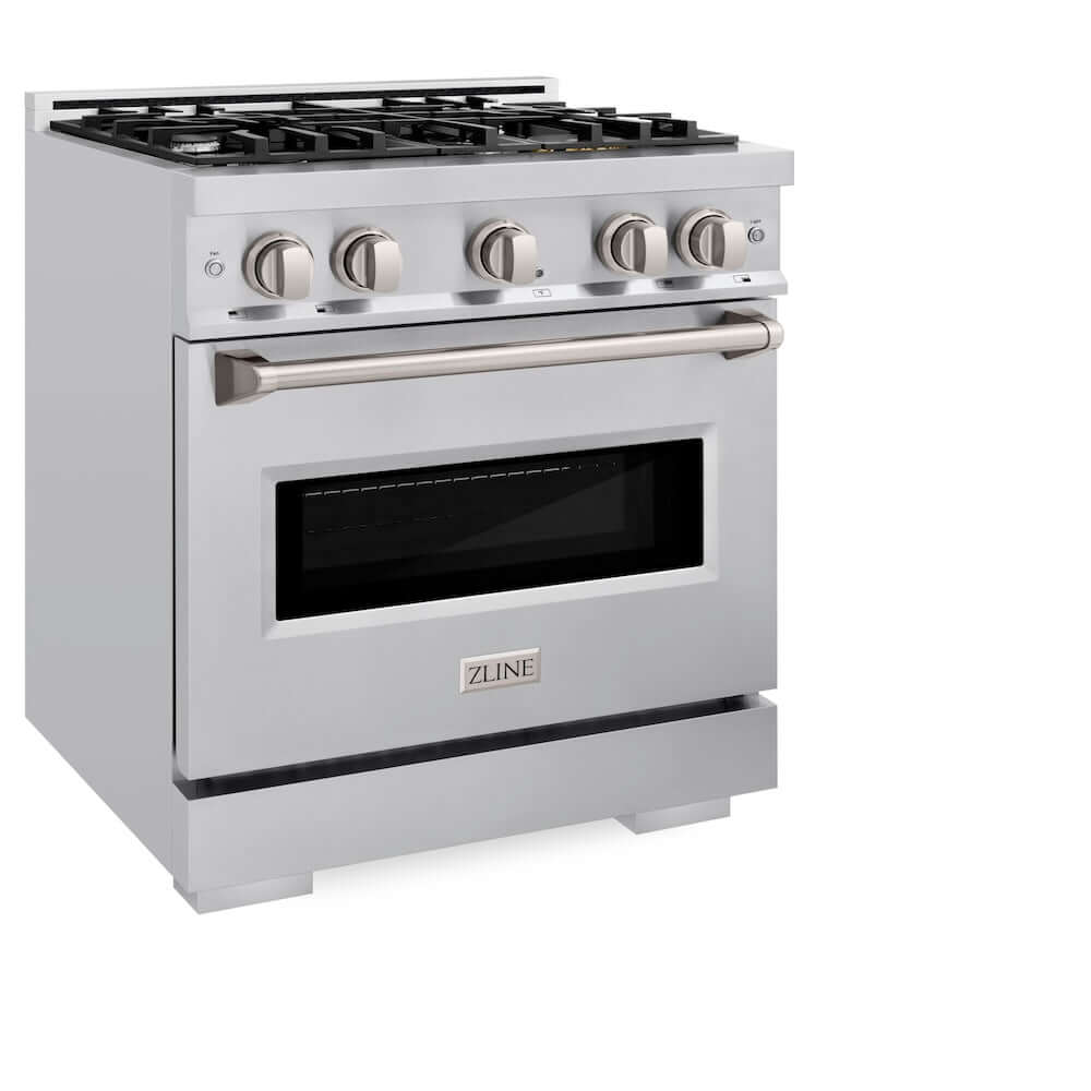 ZLINE 30 in. 4.2 cu. ft. Classic Gas Range with 4 Burner Cooktop and Convection Gas Oven in Stainless Steel (CGR30) side, oven closed.