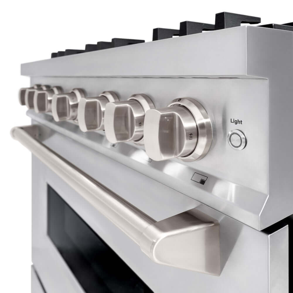 ZLINE 36 in. 5.2 cu. ft. Classic Gas Range with 6 Burner Cooktop and Convection Gas Oven in Stainless Steel (CGR36) close-up detail, oven door partially open.