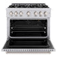 ZLINE 36 in. 5.2 cu. ft. Classic Gas Range with 6 Burner Cooktop and Convection Gas Oven in Stainless Steel (CGR36) front, oven open.