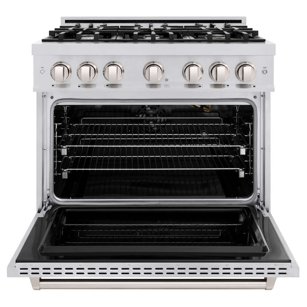 ZLINE 36 in. 5.2 cu. ft. Classic Gas Range with 6 Burner Cooktop and Convection Gas Oven in Stainless Steel (CGR36) front, oven open.
