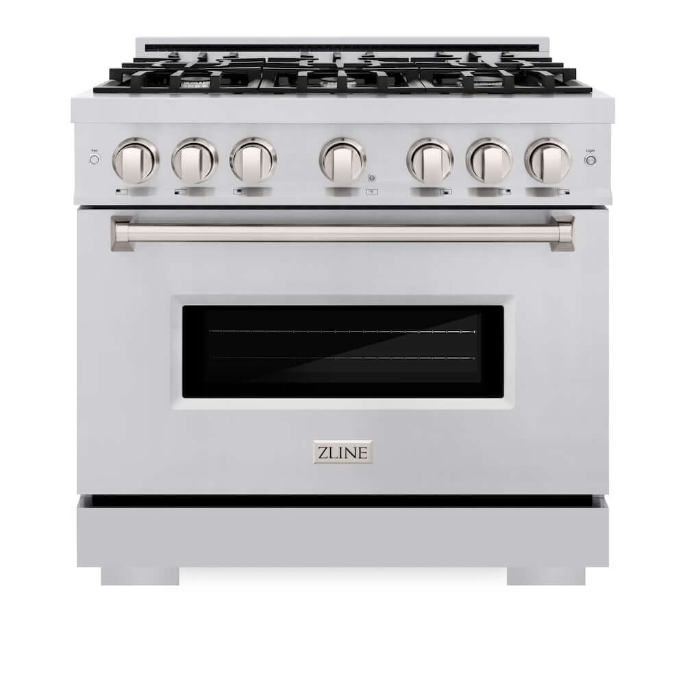ZLINE 36 in. 5.2 cu. ft. Classic Gas Range with 6 Burner Cooktop and Convection Gas Oven in Stainless Steel (CGR36) front, oven closed.