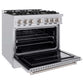 ZLINE 36 in. 5.2 cu. ft. Classic Gas Range with 6 Burner Cooktop and Convection Gas Oven in Stainless Steel (CGR36) side, open.