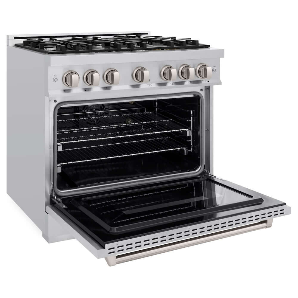 ZLINE 36 in. 5.2 cu. ft. Classic Gas Range with 6 Burner Cooktop and Convection Gas Oven in Stainless Steel (CGR36) side, open.
