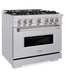 ZLINE 36 in. 5.2 cu. ft. Classic Gas Range with 6 Burner Cooktop and Convection Gas Oven in Stainless Steel (CGR36) side, oven closed.