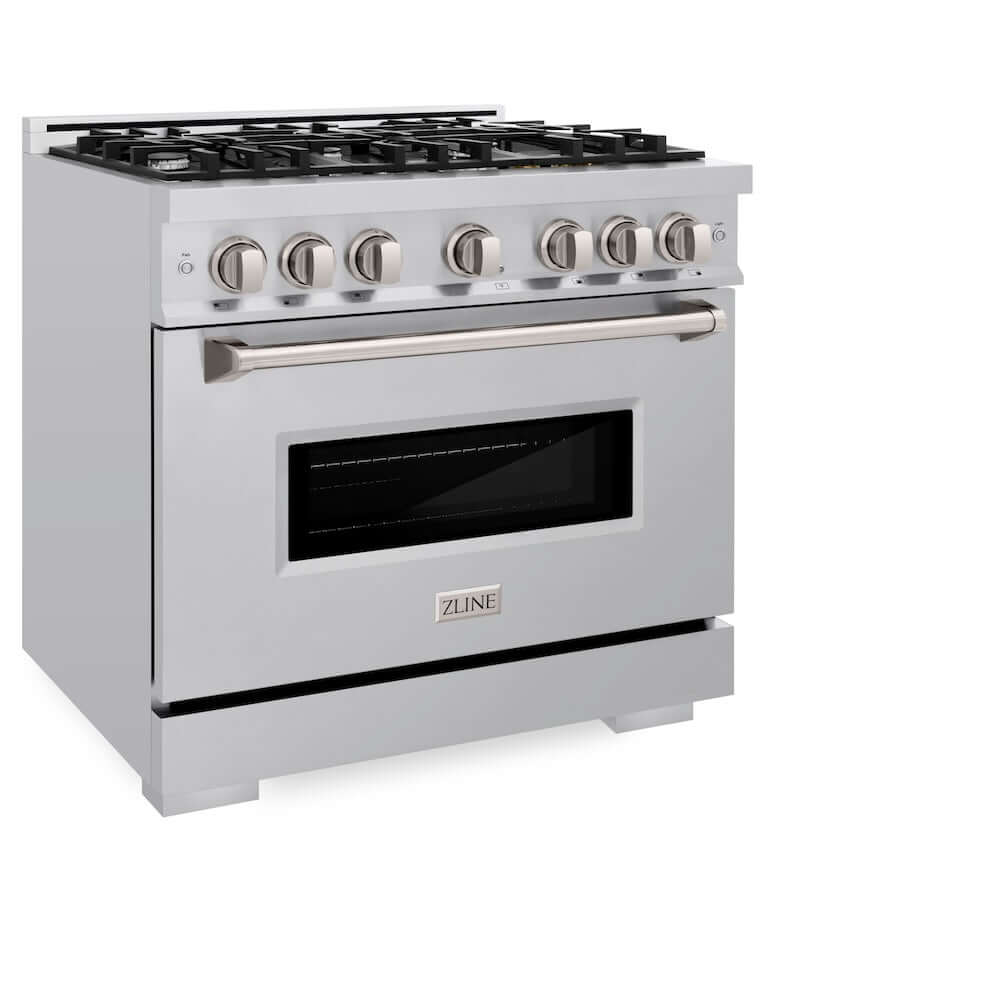ZLINE 36 in. 5.2 cu. ft. Classic Gas Range with 6 Burner Cooktop and Convection Gas Oven in Stainless Steel (CGR36) side, oven closed.