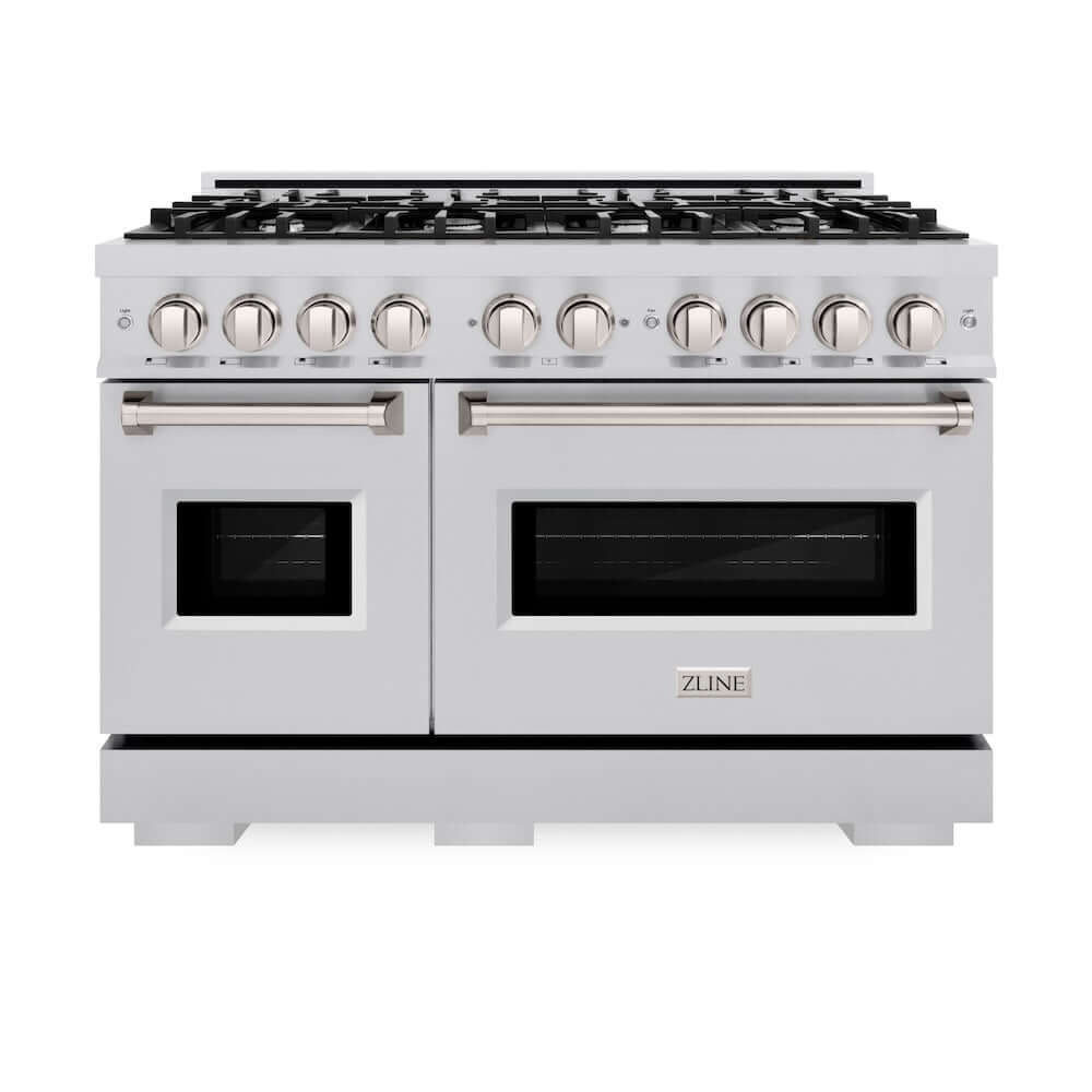 ZLINE 48 in. 6.7 cu. ft. Classic Double Oven Gas Range with 8 Burner Cooktop in Stainless Steel (CGR48) front, oven closed.