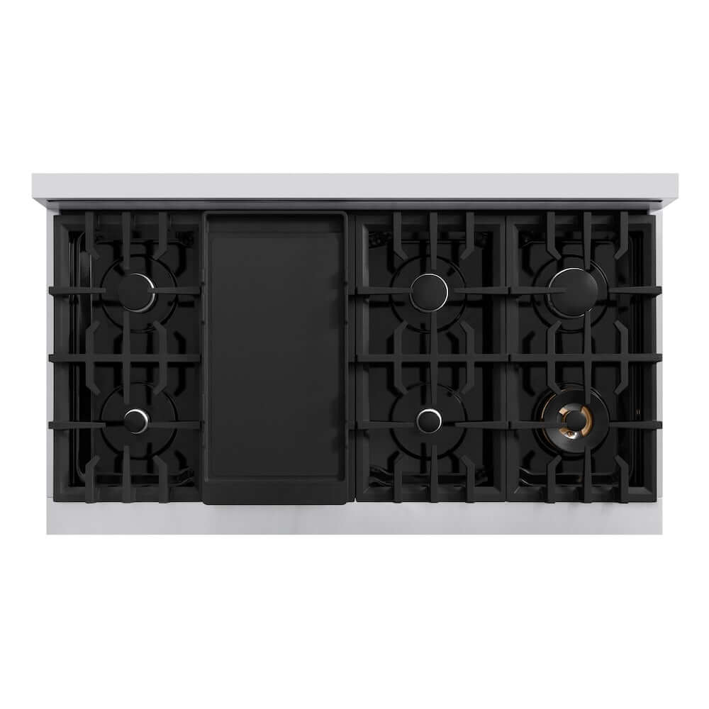 ZLINE 48 in. 6.7 cu. ft. Classic Double Oven Gas Range with 8 Burner Cooktop in Stainless Steel (CGR48) top-down, above cooktop.