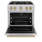 ZLINE Autograph Edition 30 in. 4.2 cu. ft. Classic Gas Range with 4 Burner Cooktop and Convection Gas Oven in Stainless Steel and Champagne Bronze Accents (CGRZ-30-CB) front, oven open.