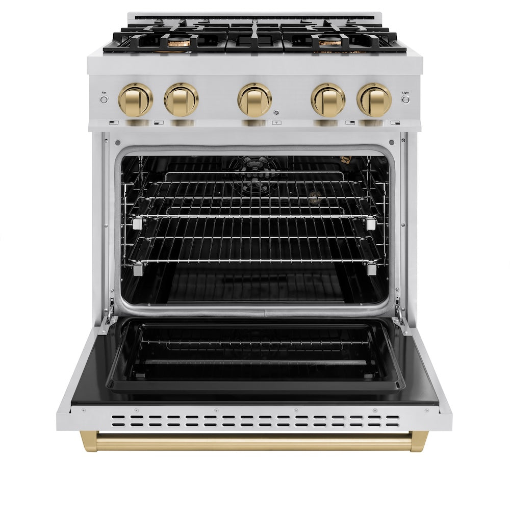 ZLINE Autograph Edition 30 in. 4.2 cu. ft. Classic Gas Range with 4 Burner Cooktop and Convection Gas Oven in Stainless Steel and Champagne Bronze Accents, Open Box-Great Condition