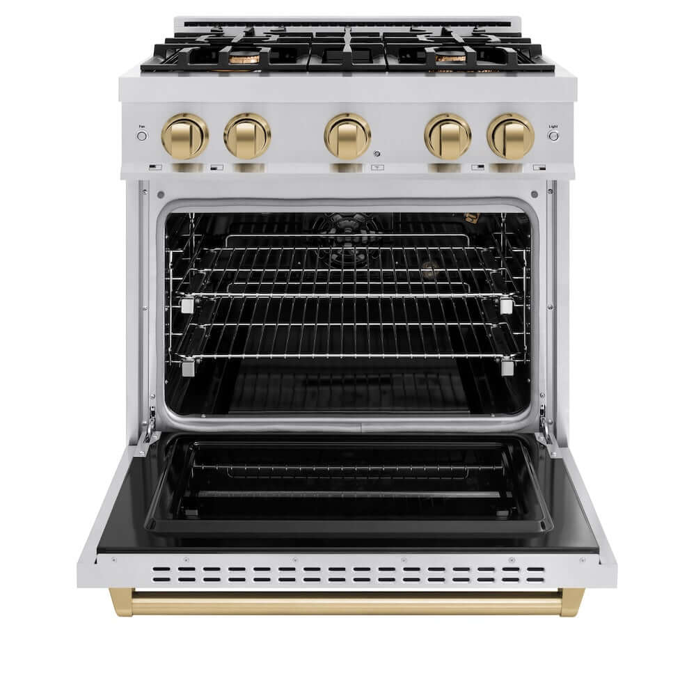 ZLINE Autograph Edition 30 in. 4.2 cu. ft. Classic Gas Range with 4 Burner Cooktop and Convection Gas Oven in Stainless Steel and Champagne Bronze Accents, Open Box-Good Condition