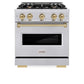 ZLINE Autograph Edition 30 in. 4.2 cu. ft. Classic Gas Range with 4 Burner Cooktop and Convection Gas Oven in Stainless Steel and Champagne Bronze Accents (CGRZ-30-CB) front, oven closed.